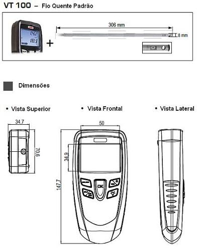 Termo Anemômetro Digital com Sensor Tipo Fio Quente ModeloVT100 Básico